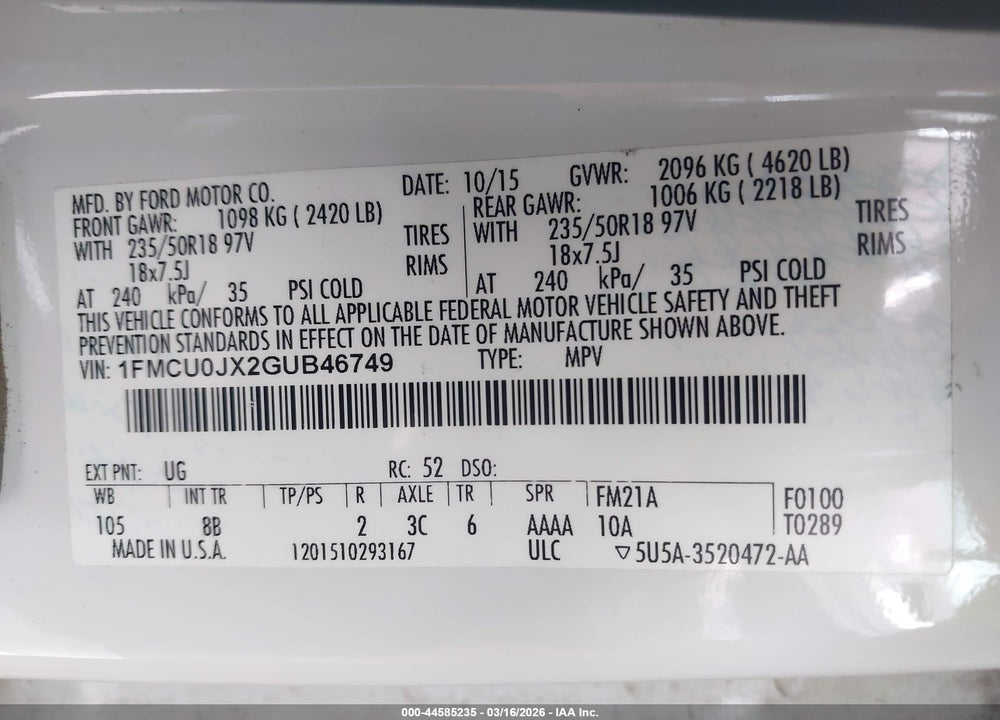2016 FORD ESCAPE TITANIUM VIN: 1FMCU0JX2GUB46749
