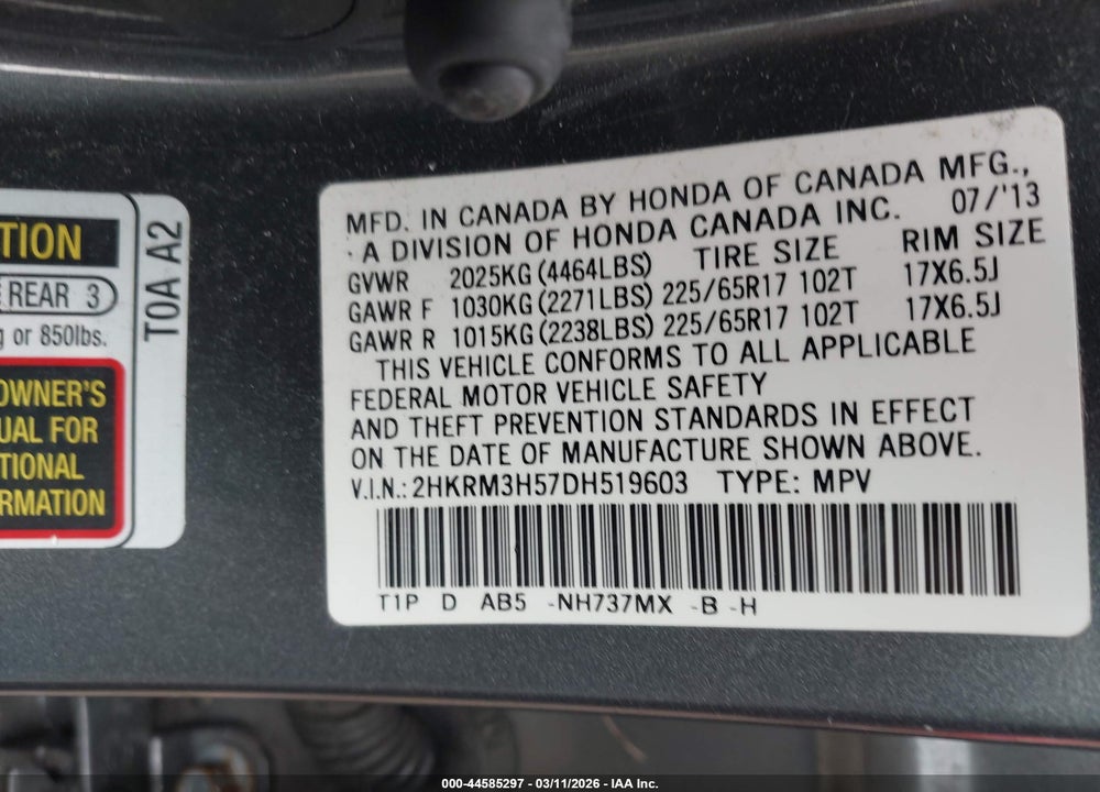 2013 HONDA CR-V EX VIN: 2HKRM3H57DH519603