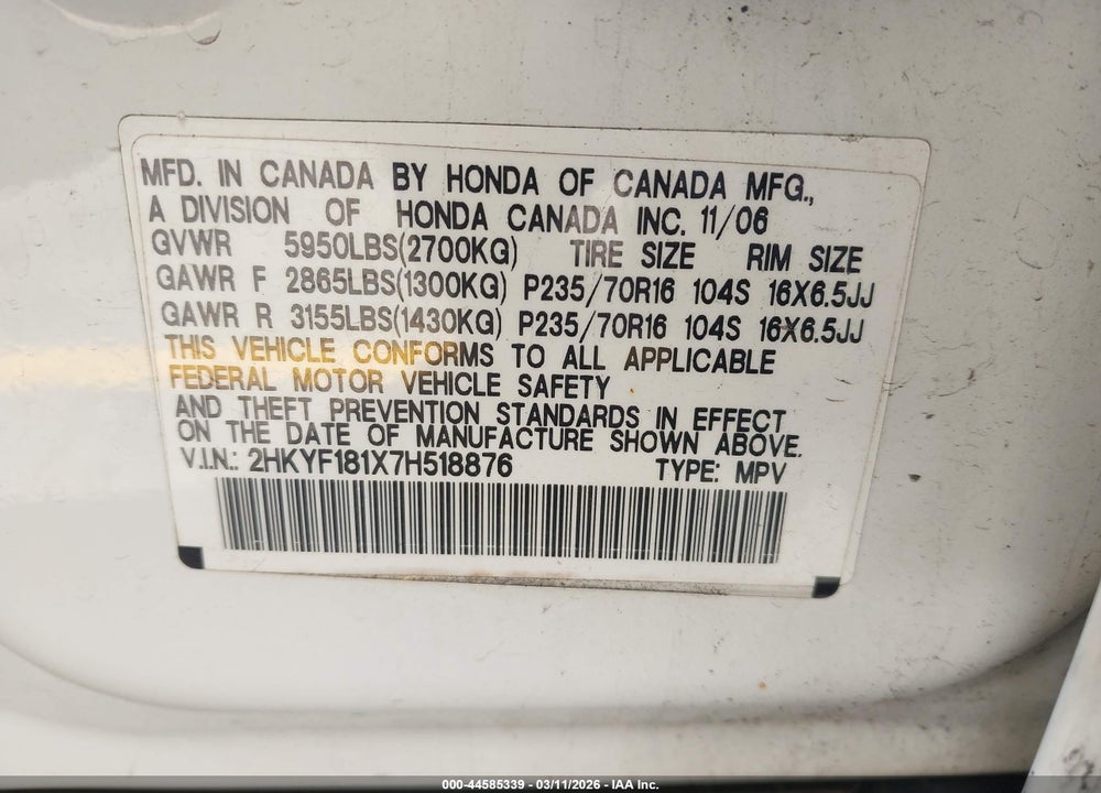 2007 HONDA PILOT LX VIN: 2HKYF181X7H518876