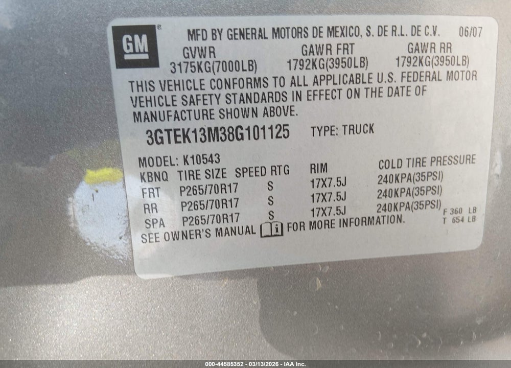 2008 GMC SIERRA 1500 SLE1 VIN: 3GTEK13M38G101125