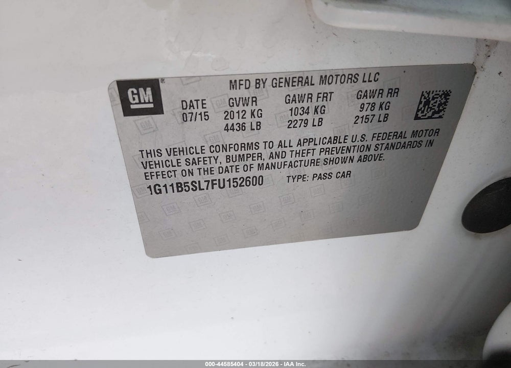 2015 CHEVROLET MALIBU LS VIN: 1G11B5SL7FU152600