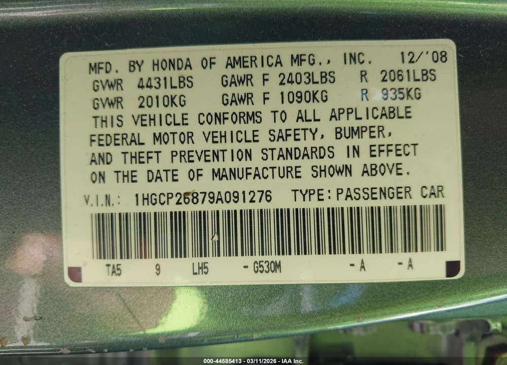 2009 HONDA ACCORD 2.4 EX-L VIN: 1HGCP26879A091276