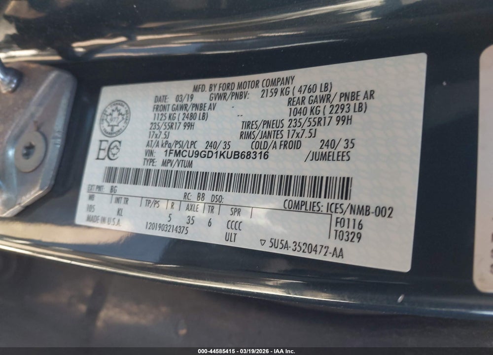 2019 FORD ESCAPE SE VIN: 1FMCU9GD1KUB68316