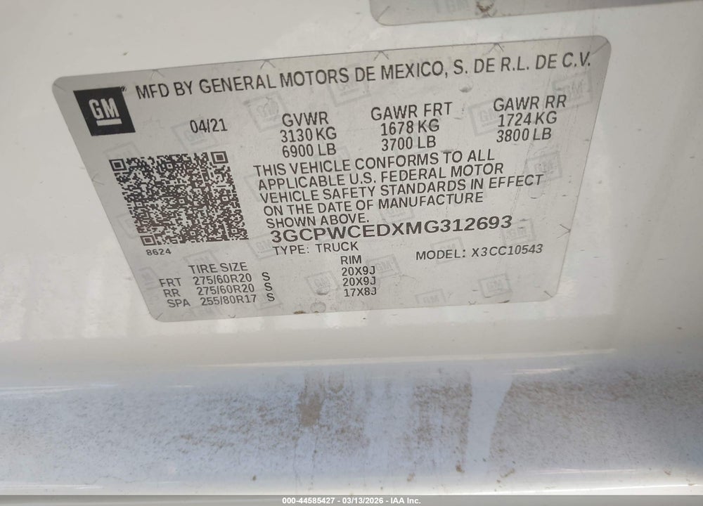 2021 CHEVROLET SILVERADO 1500 VIN: 3GCPWCEDXMG312693