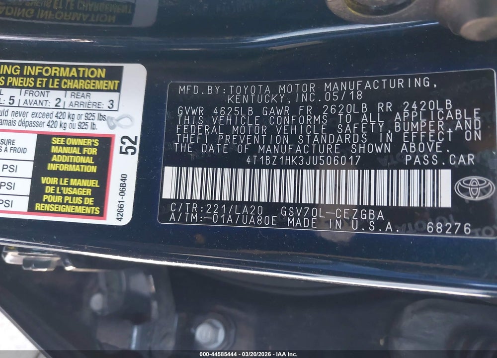 2018 TOYOTA CAMRY XLE V6 VIN: 4T1BZ1HK3JU506017