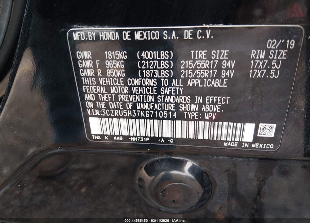 2019 HONDA HR-V LX VIN: 3CZRU5H37KG710514