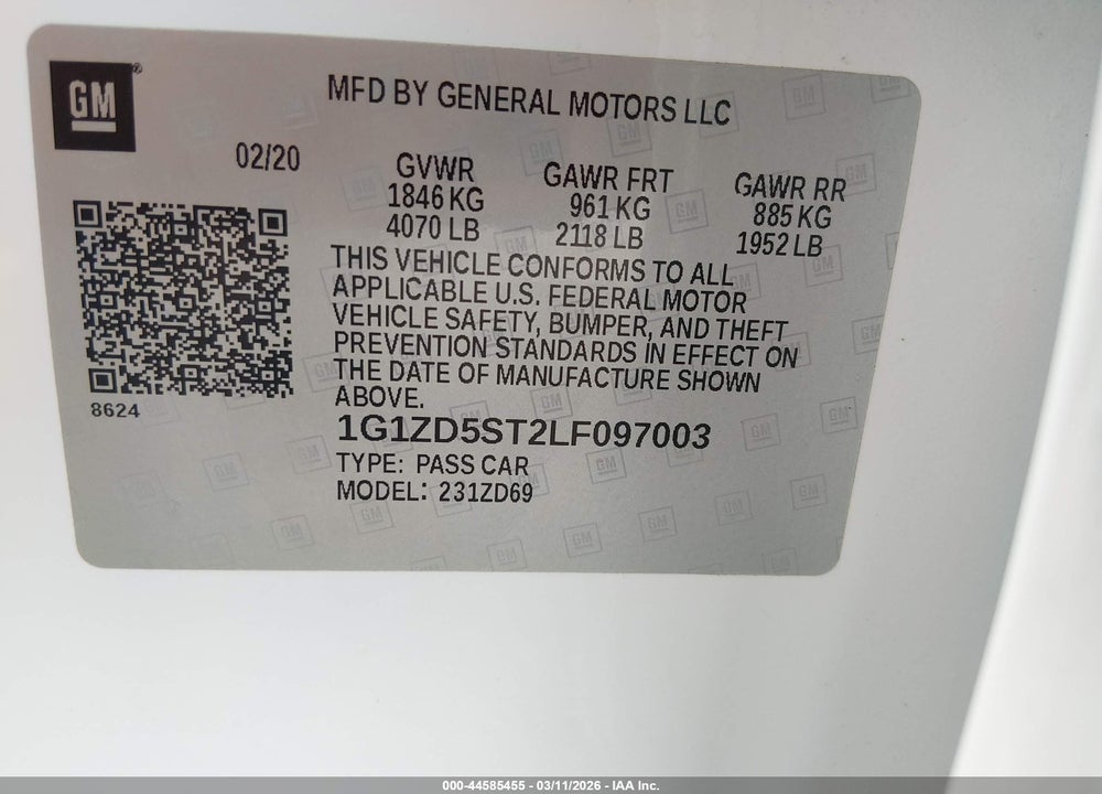 2020 CHEVROLET MALIBU FWD LT VIN: 1G1ZD5ST2LF097003