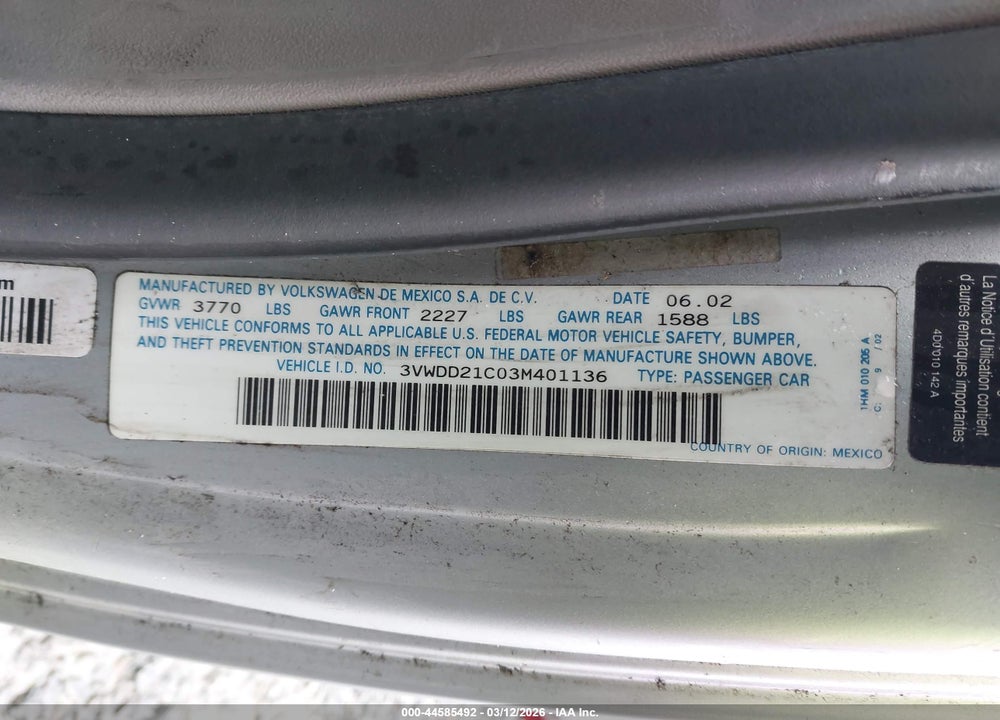 2003 VOLKSWAGEN NEW BEETLE GLX VIN: 3VWDD21C03M401136