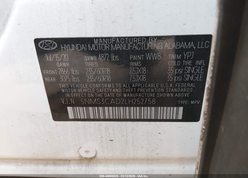 2020 HYUNDAI SANTA FE SEL VIN: 5NMS3CAD2LH252758