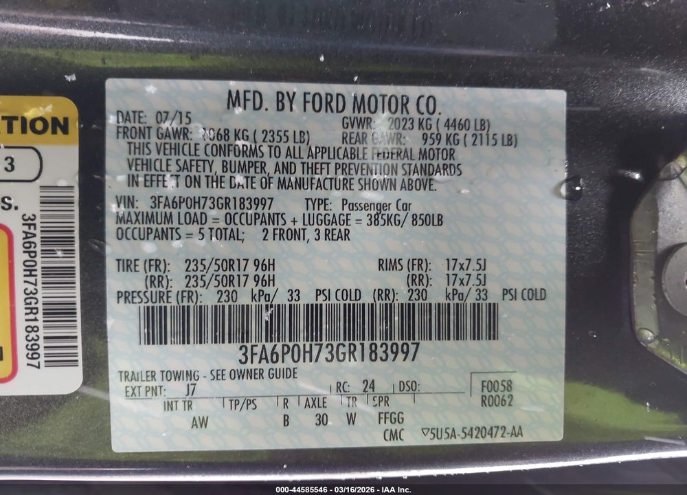 2016 FORD FUSION SE VIN: 3FA6P0H73GR183997