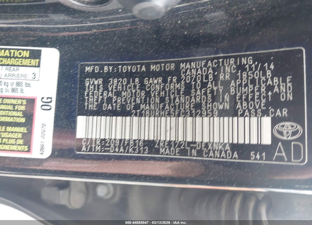 2015 TOYOTA COROLLA LE VIN: 2T1BURHE5FC312959
