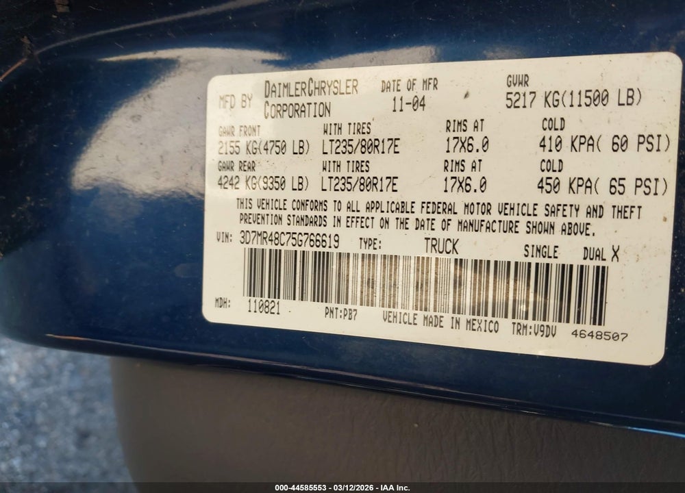 2005 DODGE RAM 3500 SLT/LARAMIE VIN: 3D7MR48C75G766619