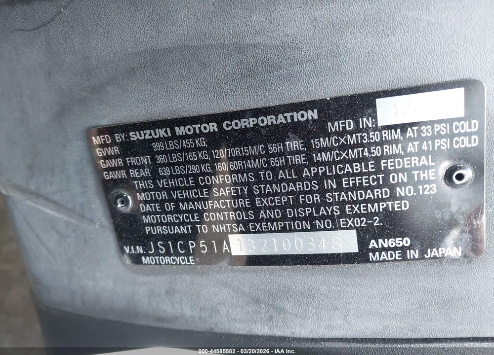 2003 SUZUKI AN650 K3 VIN: JS1CP51A132100348
