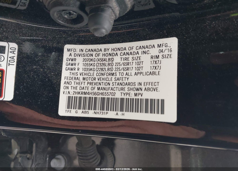 2016 HONDA CR-V EX VIN: 2HKRM4H56GH655702