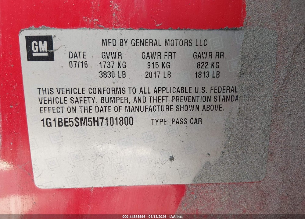 2017 CHEVROLET CRUZE LT AUTO VIN: 1G1BE5SM5H7101800