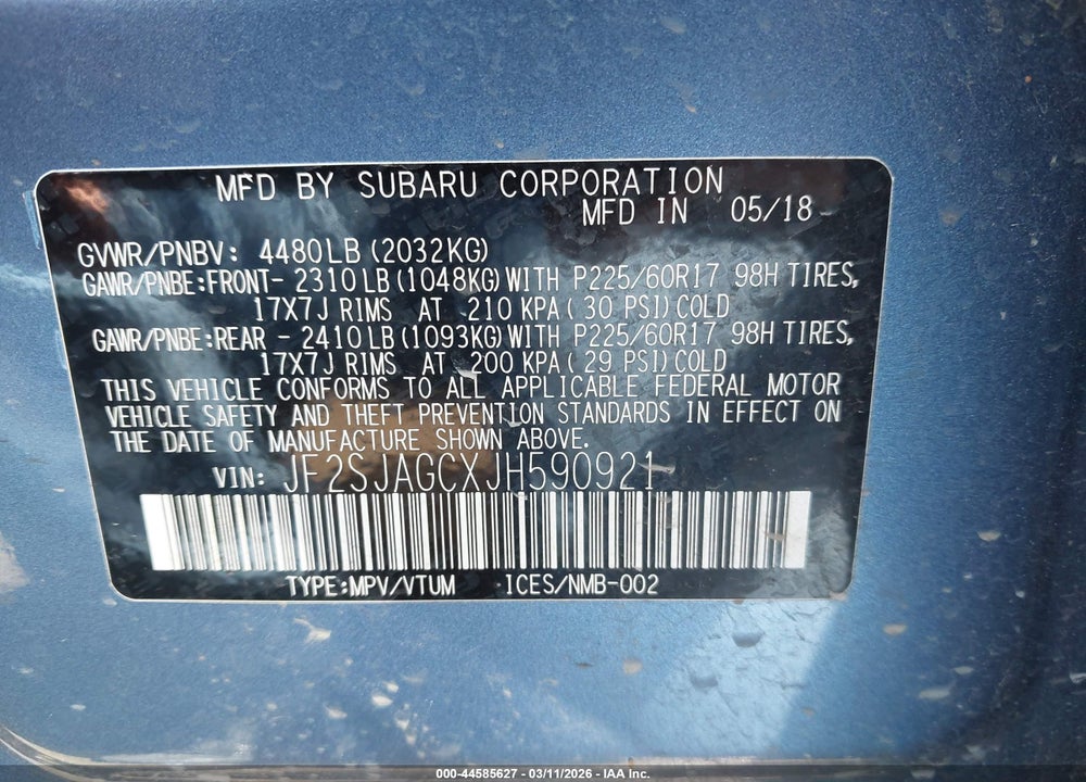 2018 SUBARU FORESTER 2.5I PREMIUM VIN: JF2SJAGCXJH590921