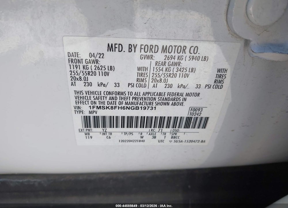 2022 FORD EXPLORER LIMITED VIN: 1FMSK8FH6NGB19731
