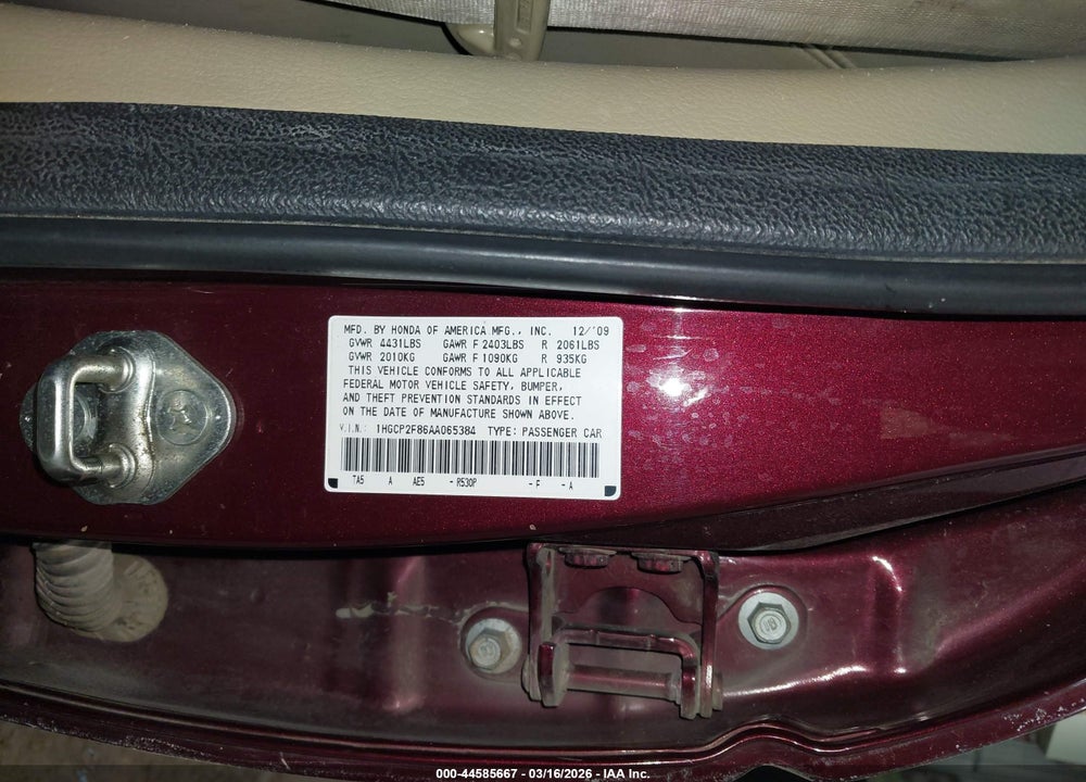 2010 HONDA ACCORD 2.4 EX-L VIN: 1HGCP2F86AA065384