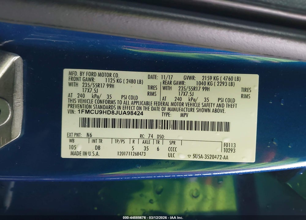 2018 FORD ESCAPE SEL VIN: 1FMCU9HD8JUA98424