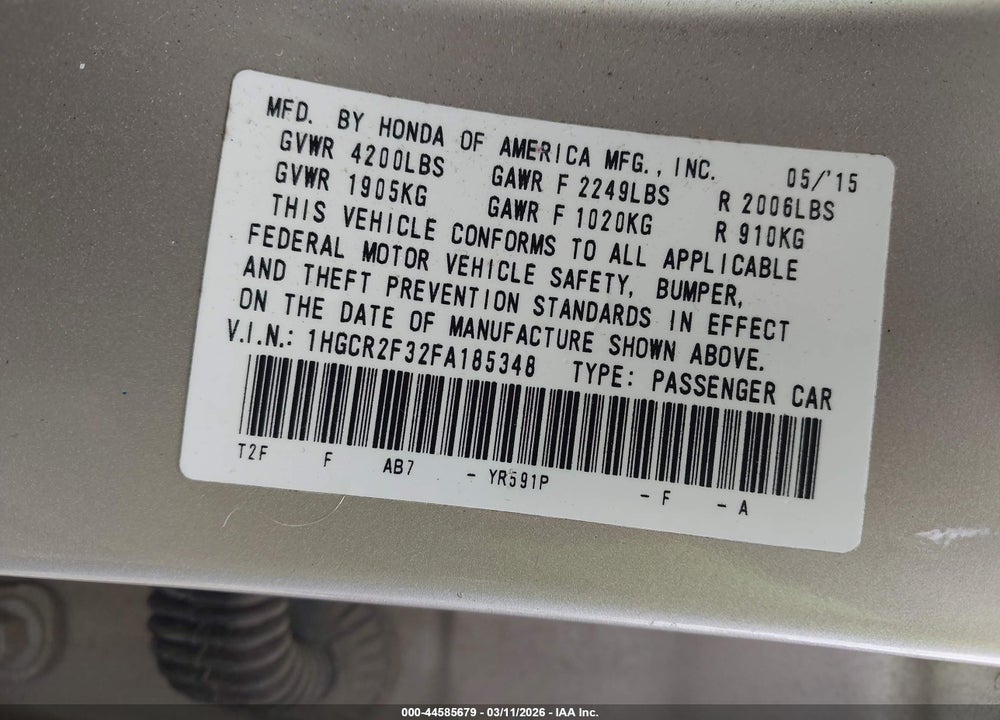 2015 HONDA ACCORD LX VIN: 1HGCR2F32FA185348