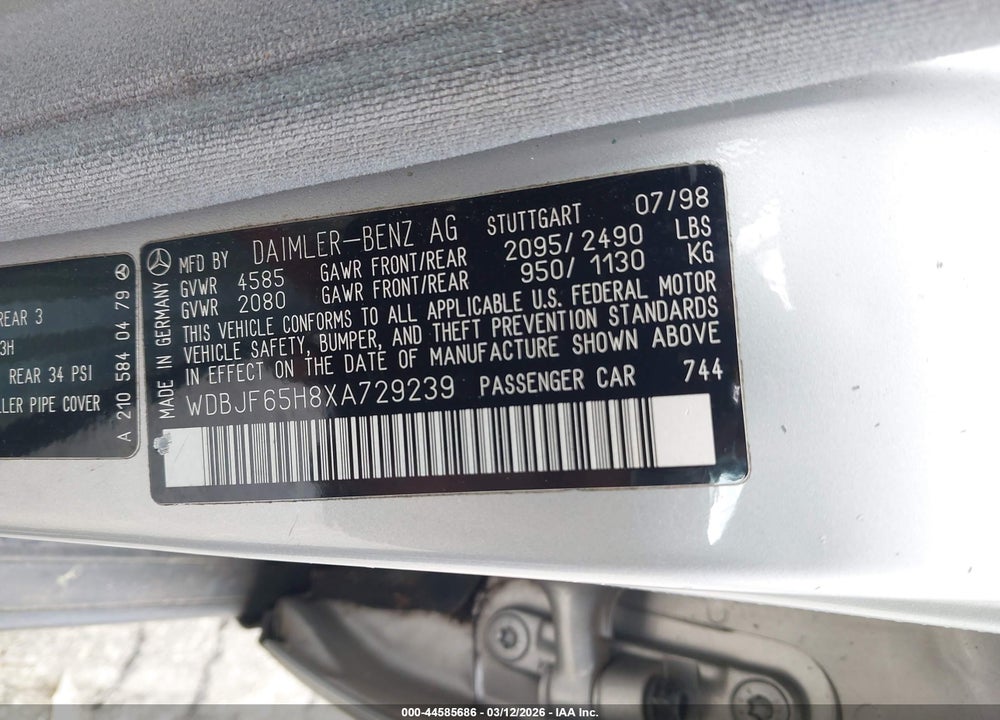 1999 MERCEDES-BENZ E 320 VIN: WDBJF65H8XA729239
