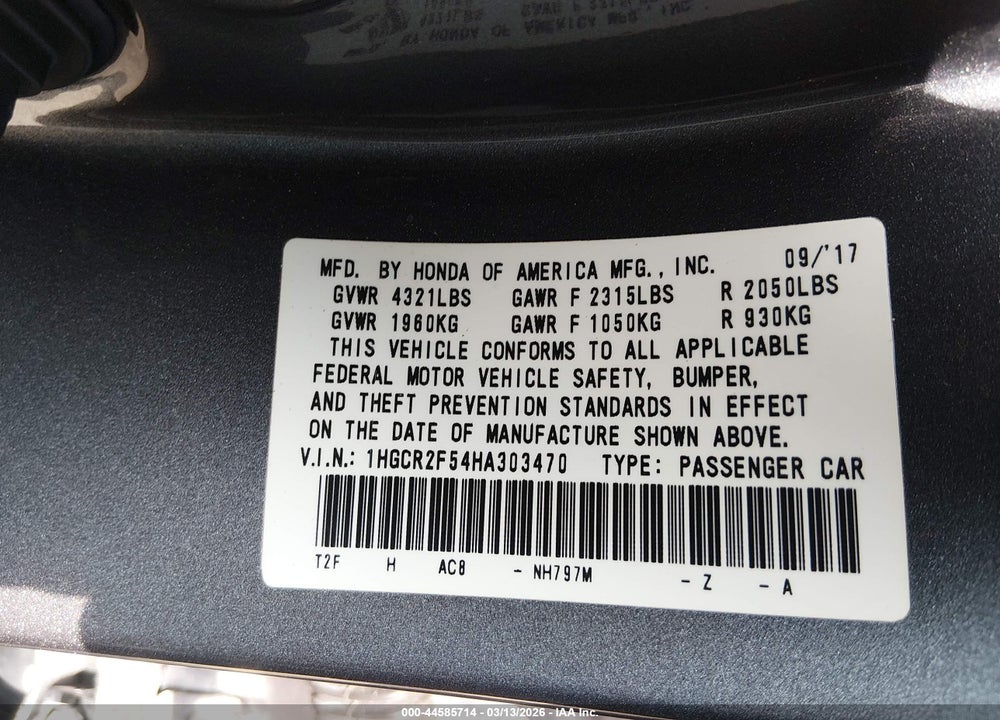 2017 HONDA ACCORD SPORT VIN: 1HGCR2F54HA303470
