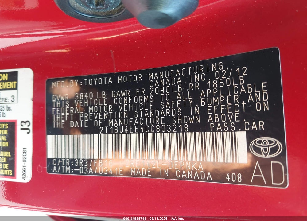 2012 TOYOTA COROLLA LE VIN: 2T1BU4EE4CC803218