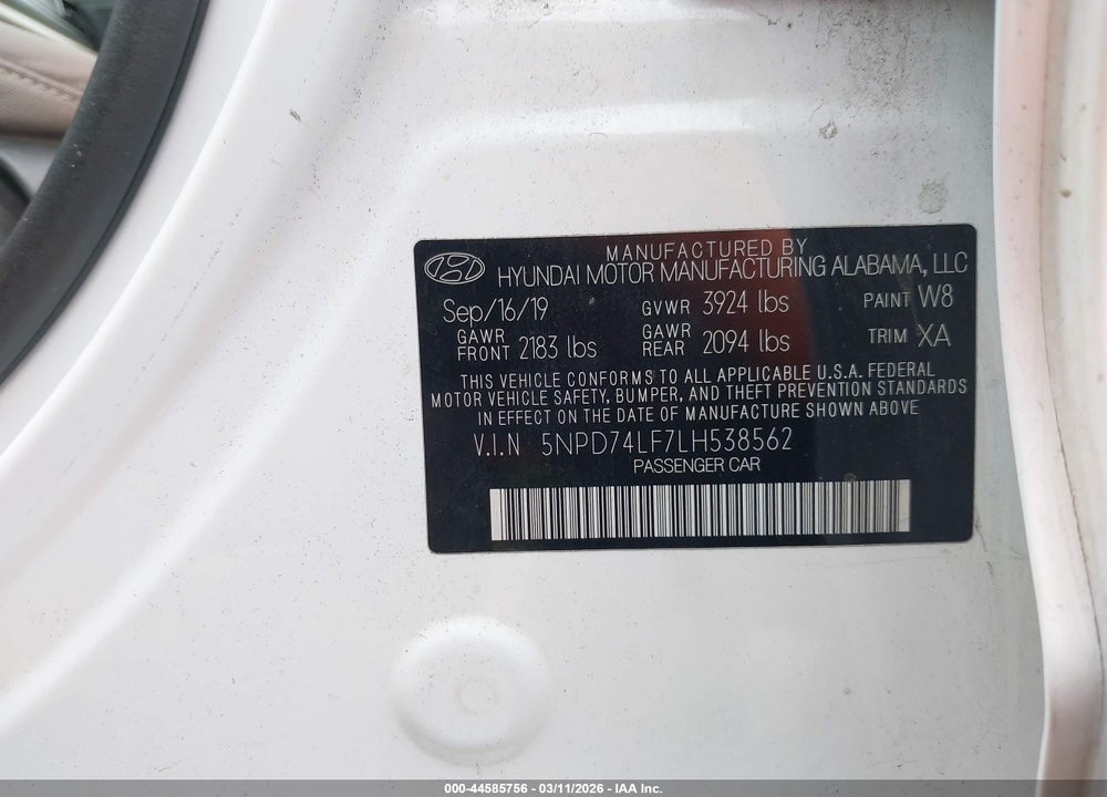 2020 HYUNDAI ELANTRA SE VIN: 5NPD74LF7LH538562