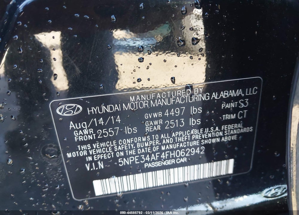 2015 HYUNDAI SONATA LIMITED VIN: 5NPE34AF4FH062942