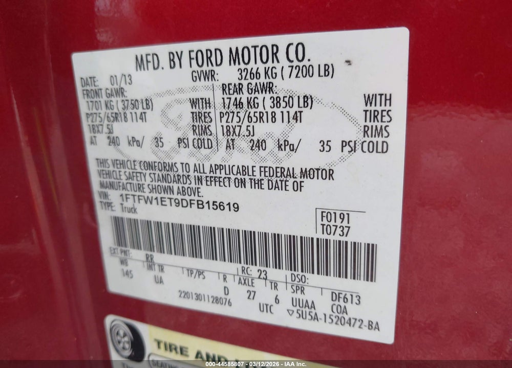 2013 FORD F-150 XLT VIN: 1FTFW1ET9DFB15619