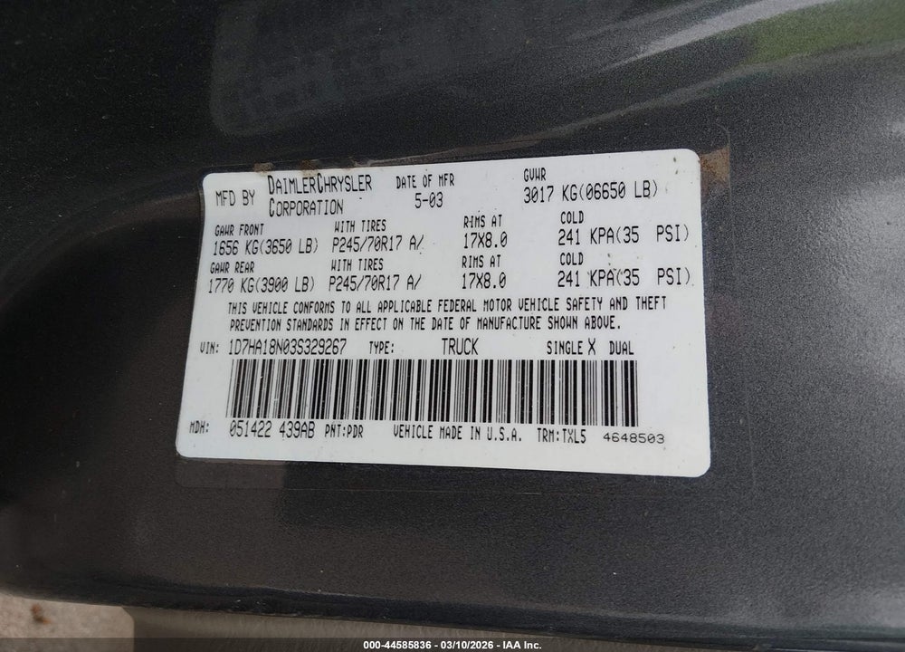 2003 DODGE RAM 1500 SLT/LARAMIE/ST VIN: 1D7HA18N03S329267