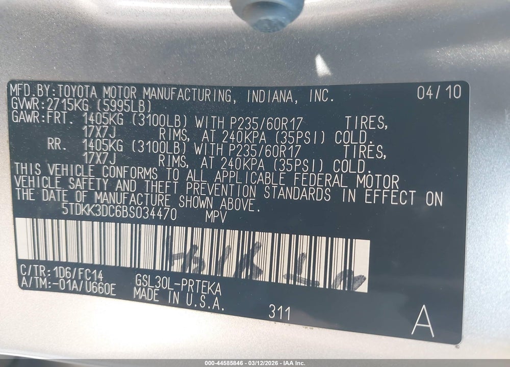 2011 TOYOTA SIENNA LE V6 VIN: 5TDKK3DC6BS034470