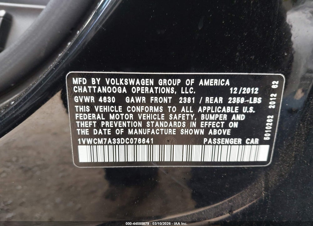 2013 VOLKSWAGEN PASSAT 3.6L V6 SEL PREMIUM VIN: 1VWCM7A33DC076641
