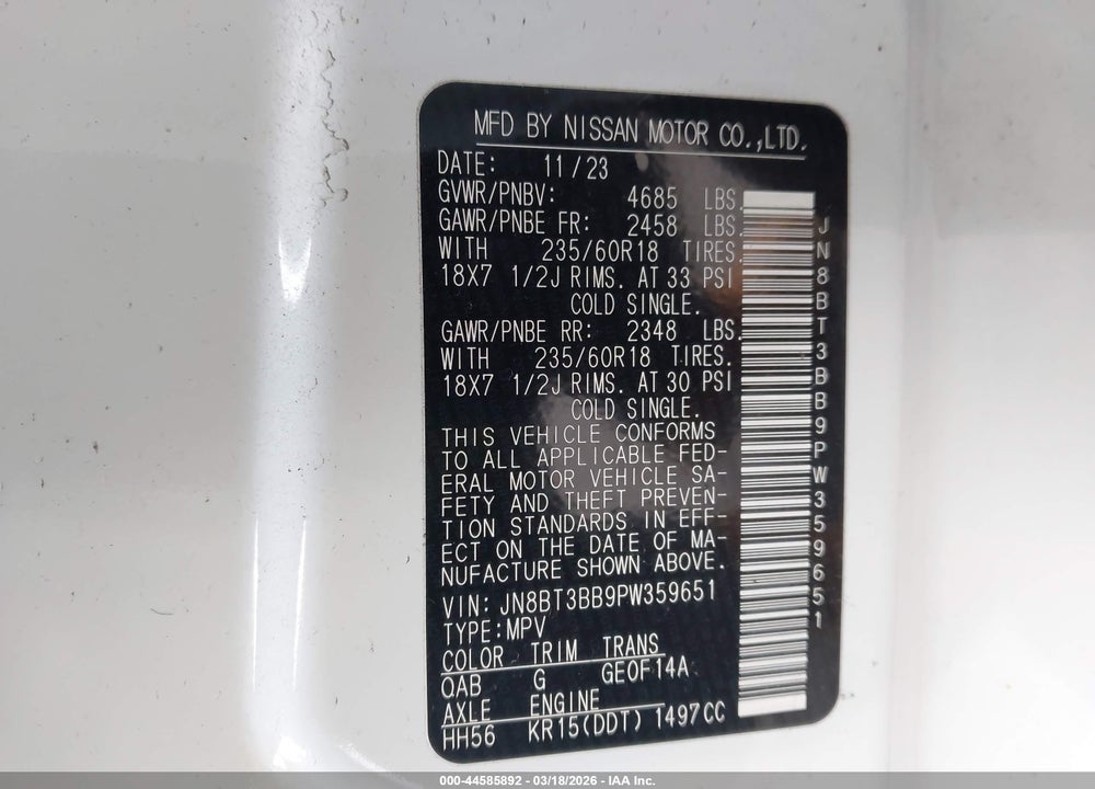 2023 NISSAN ROGUE SV INTELLIGENT AWD VIN: JN8BT3BB9PW359651