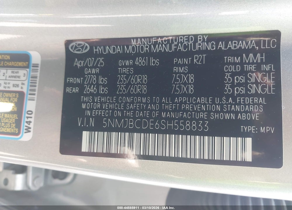 2025 HYUNDAI TUCSON SEL VIN: 5NMJBCDE6SH558833