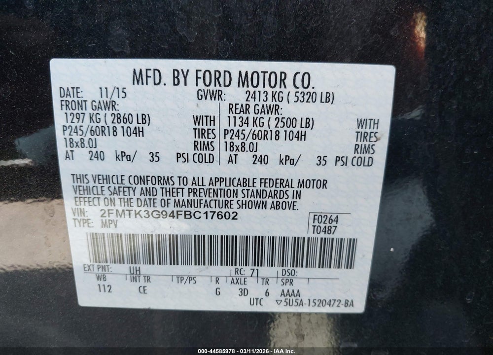 2015 FORD EDGE SE VIN: 2FMTK3G94FBC17602