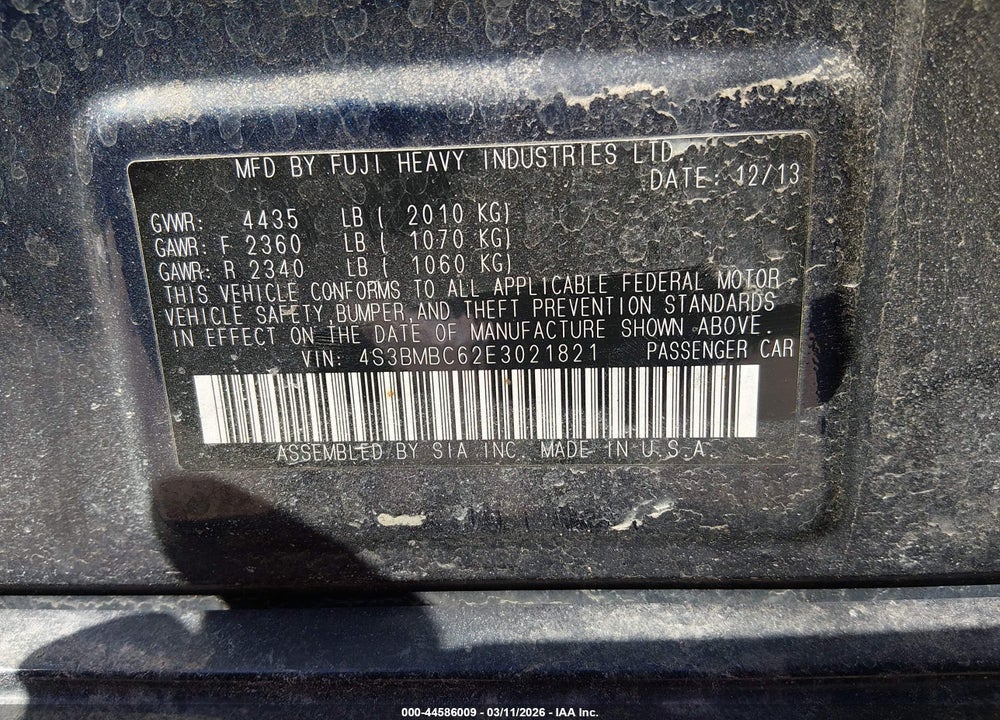2014 SUBARU LEGACY 2.5I PREMIUM VIN: 4S3BMBC62E3021821