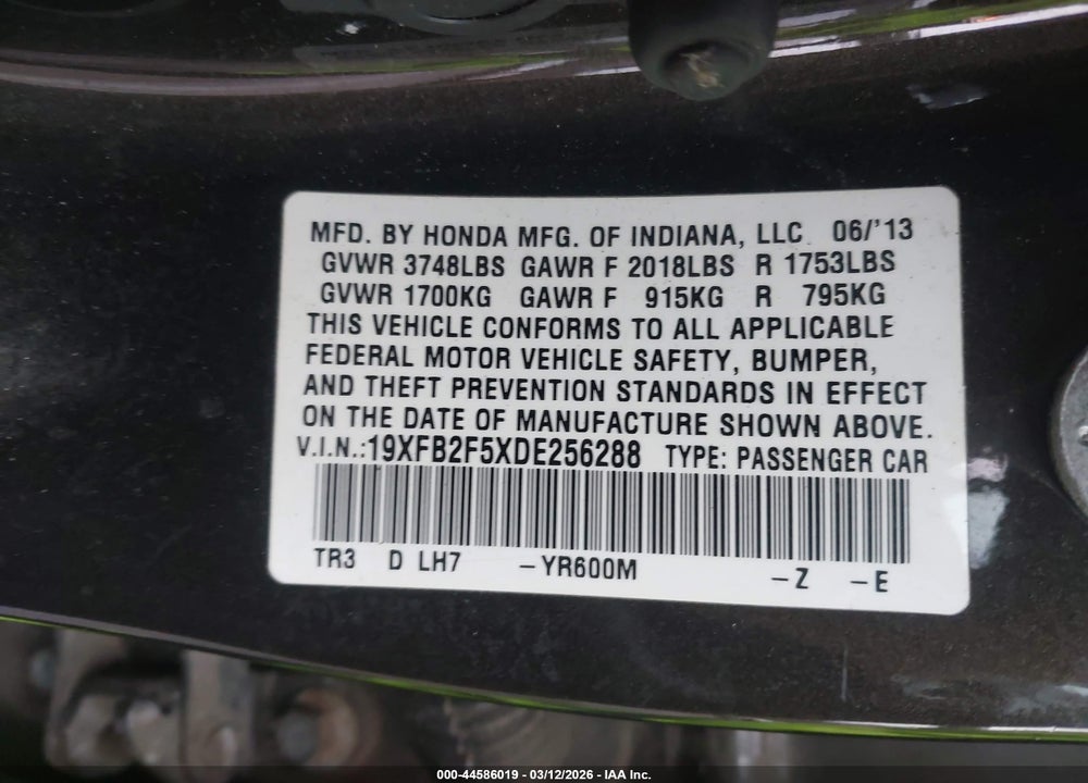 2013 HONDA CIVIC LX VIN: 19XFB2F5XDE256288