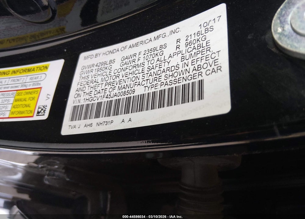 2018 HONDA ACCORD EX VIN: 1HGCV1F45JA008509