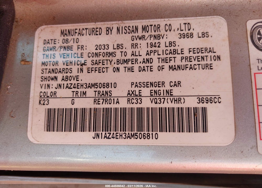 2010 NISSAN 370Z TOURING VIN: JN1AZ4EH3AM506810