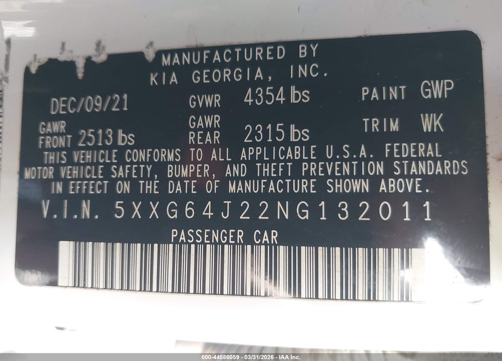 2022 KIA K5 GT-LINE VIN: 5XXG64J22NG132011