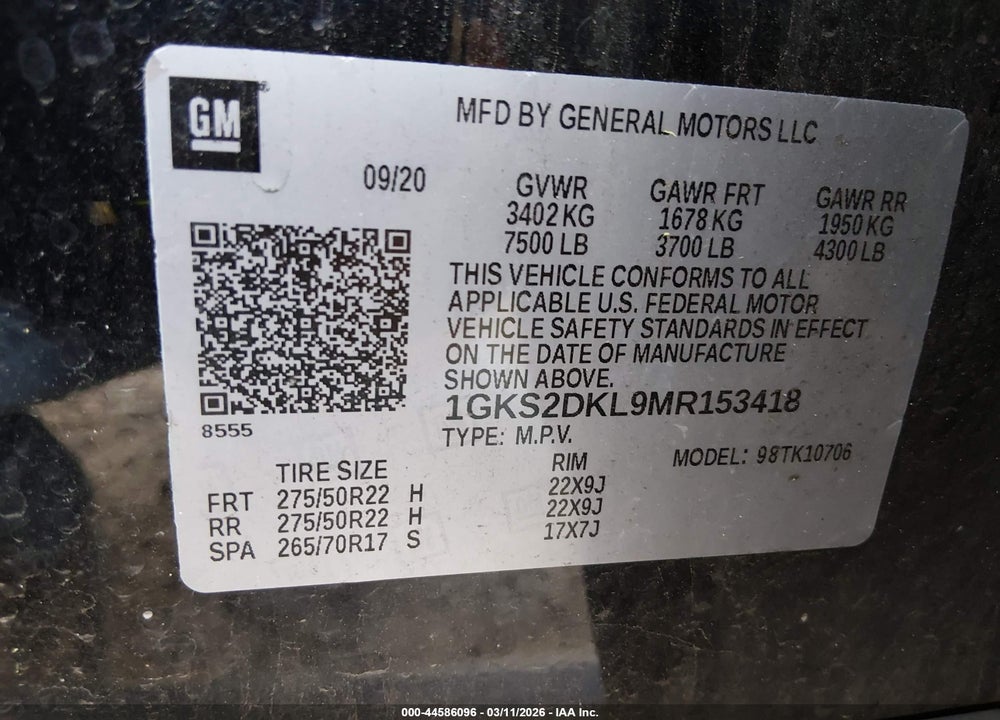 2021 GMC YUKON 4WD DENALI VIN: 1GKS2DKL9MR153418