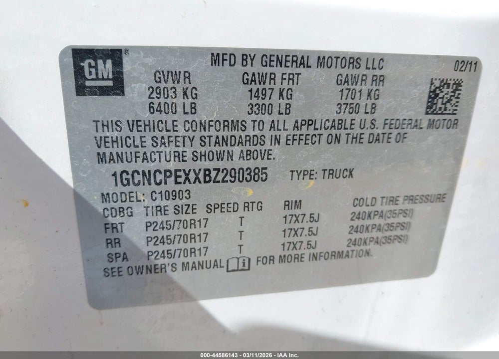 2011 CHEVROLET SILVERADO 1500 WORK TRUCK VIN: 1GCNCPEXXBZ290385