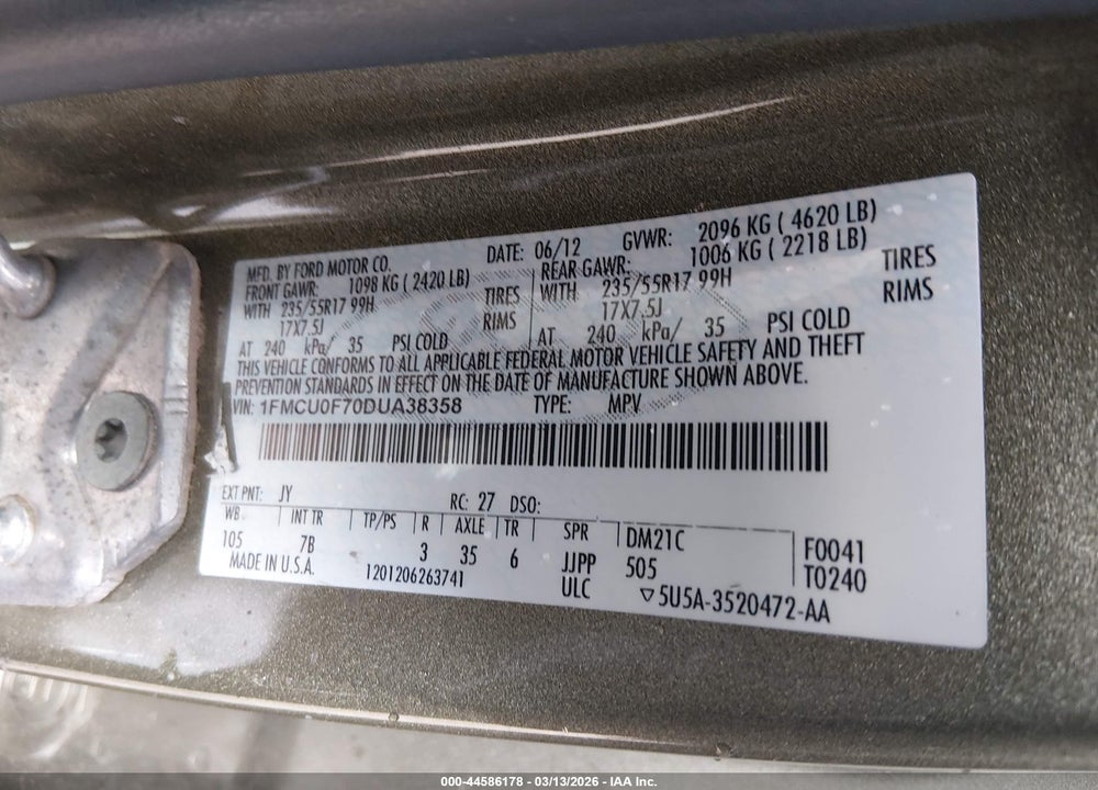 2013 FORD ESCAPE S VIN: 1FMCU0F70DUA38358