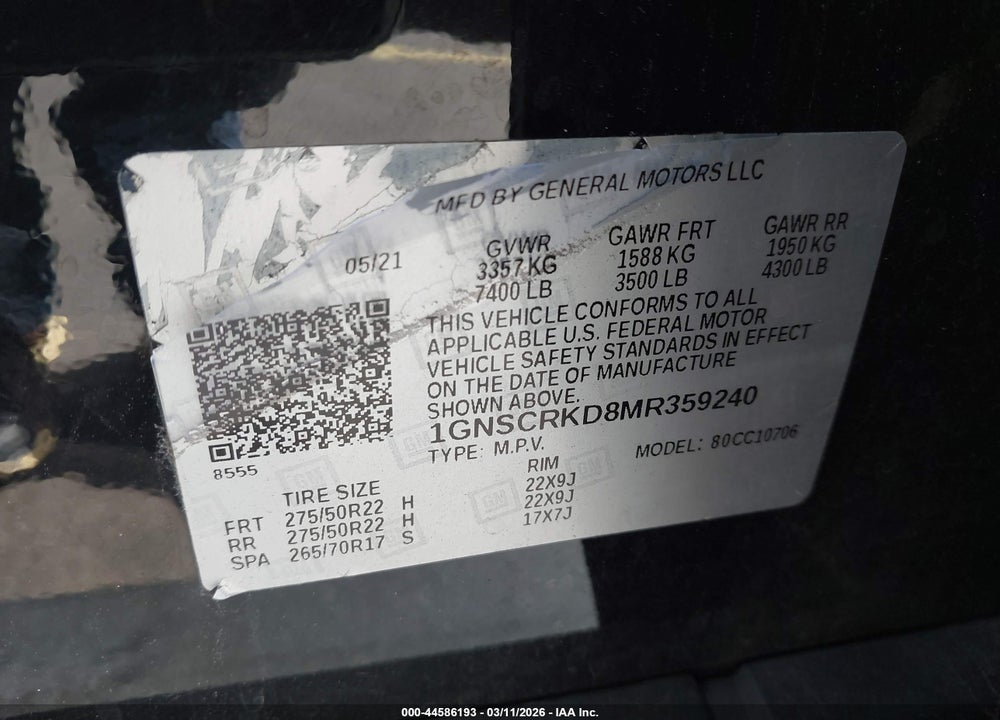 2021 CHEVROLET TAHOE 2WD RST VIN: 1GNSCRKD8MR359240