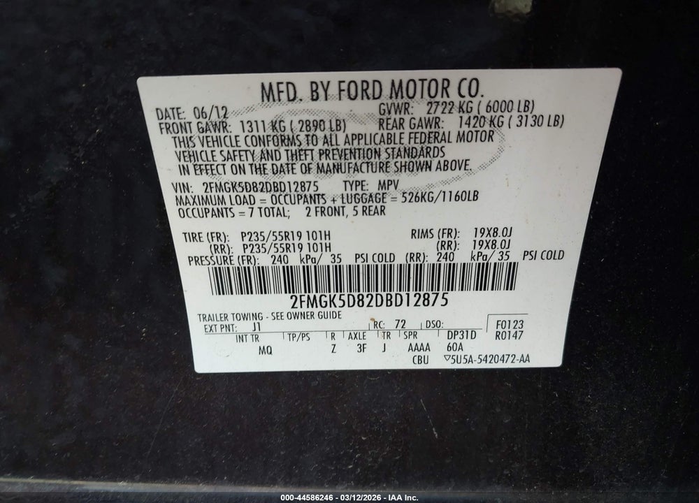 2013 FORD FLEX LIMITED VIN: 2FMGK5D82DBD12875