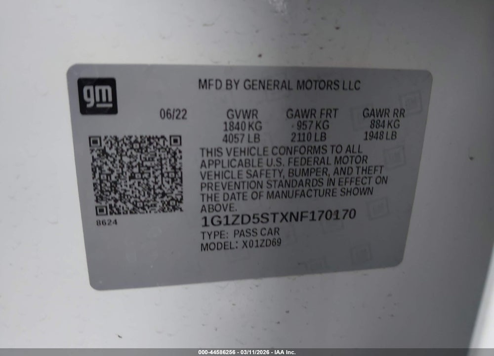 2022 CHEVROLET MALIBU VIN: 1G1ZD5STXNF170170