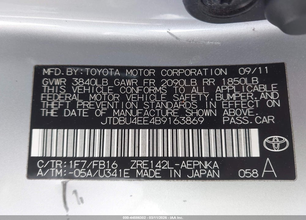 2011 TOYOTA COROLLA LE VIN: JTDBU4EE4B9163869
