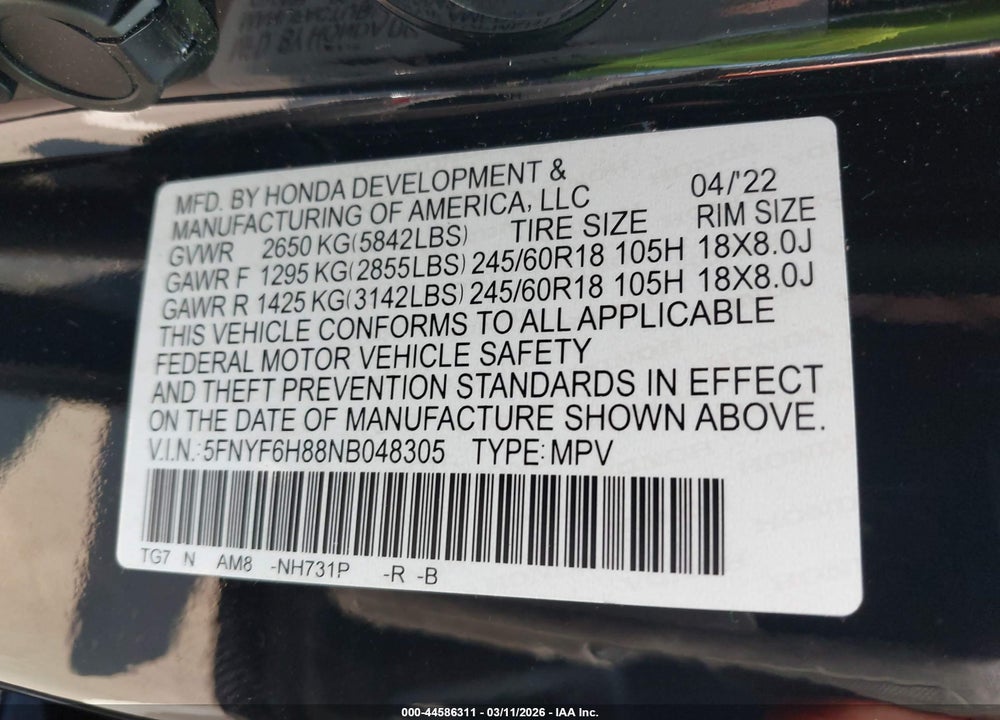 2022 HONDA PILOT AWD TRAILSPORT VIN: 5FNYF6H88NB048305