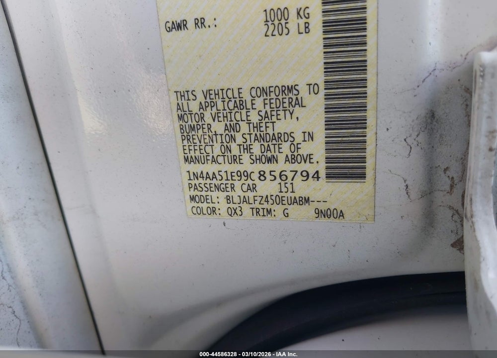 2009 NISSAN MAXIMA S VIN: 1N4AA51E99C856794